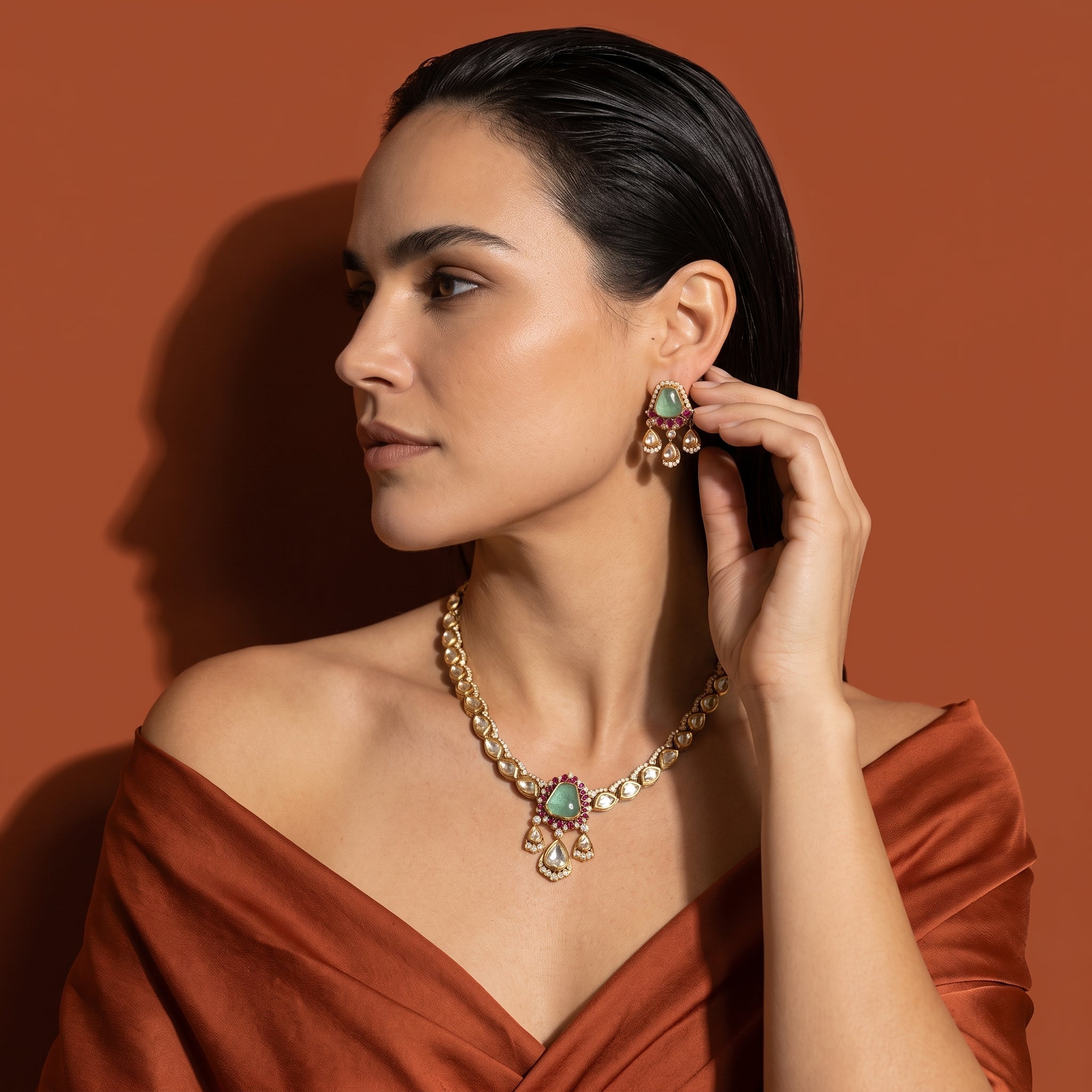 Maharani Green Stone Necklace & Earring Set