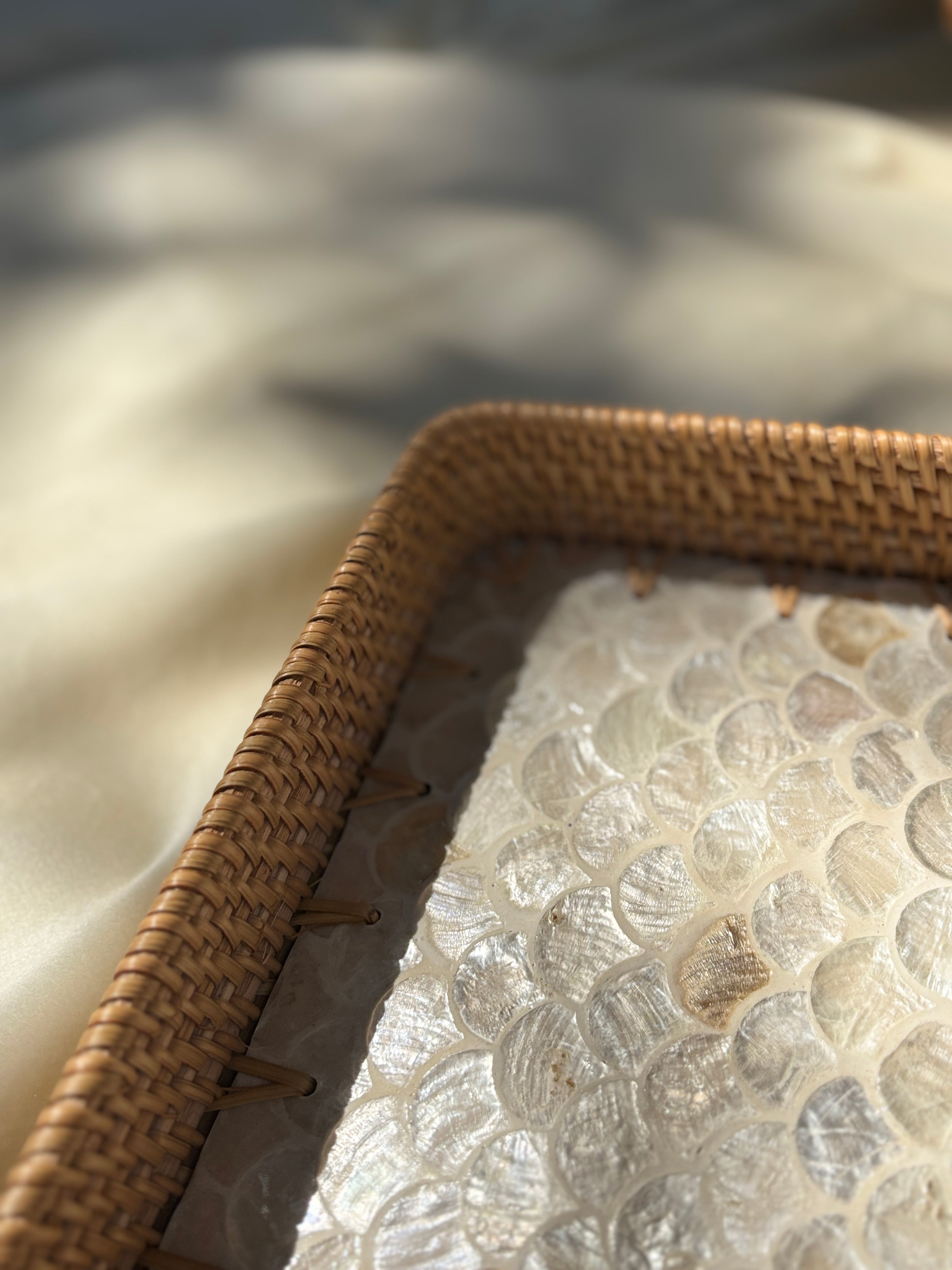 Oyster Artisanal Mother of Pearl Inlay Rattan Tray