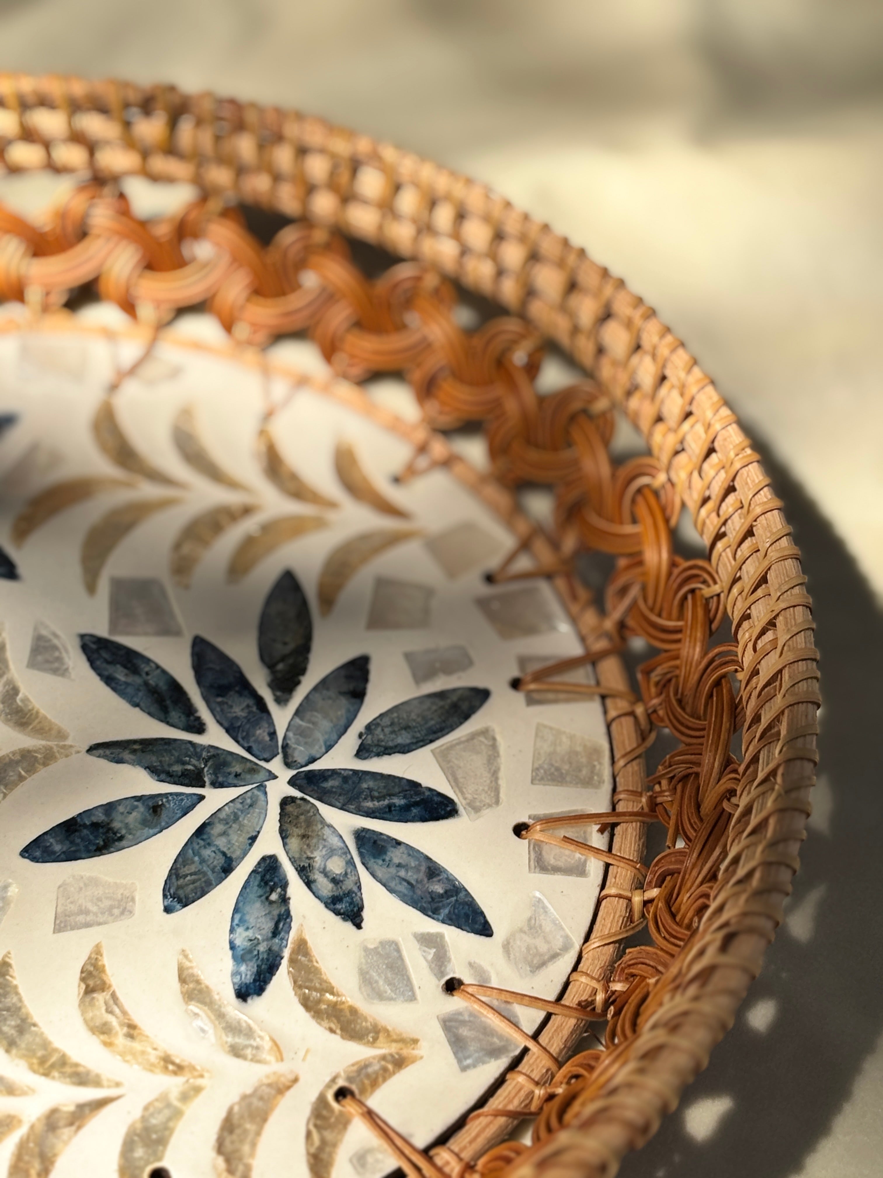Meher Artisanal Mother of Pearl Inlay Rattan Basket