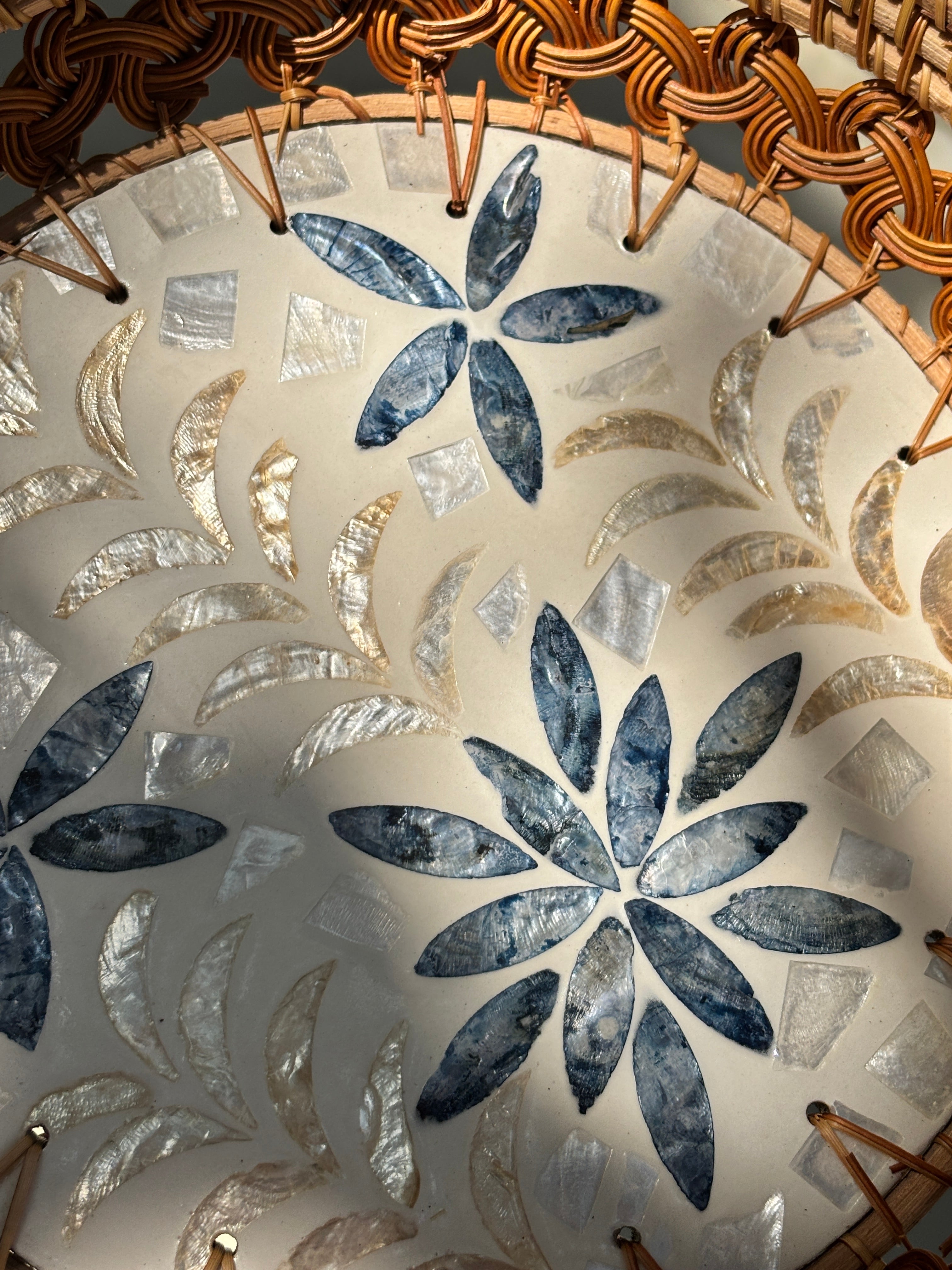 Meher Artisanal Mother of Pearl Inlay Rattan Basket