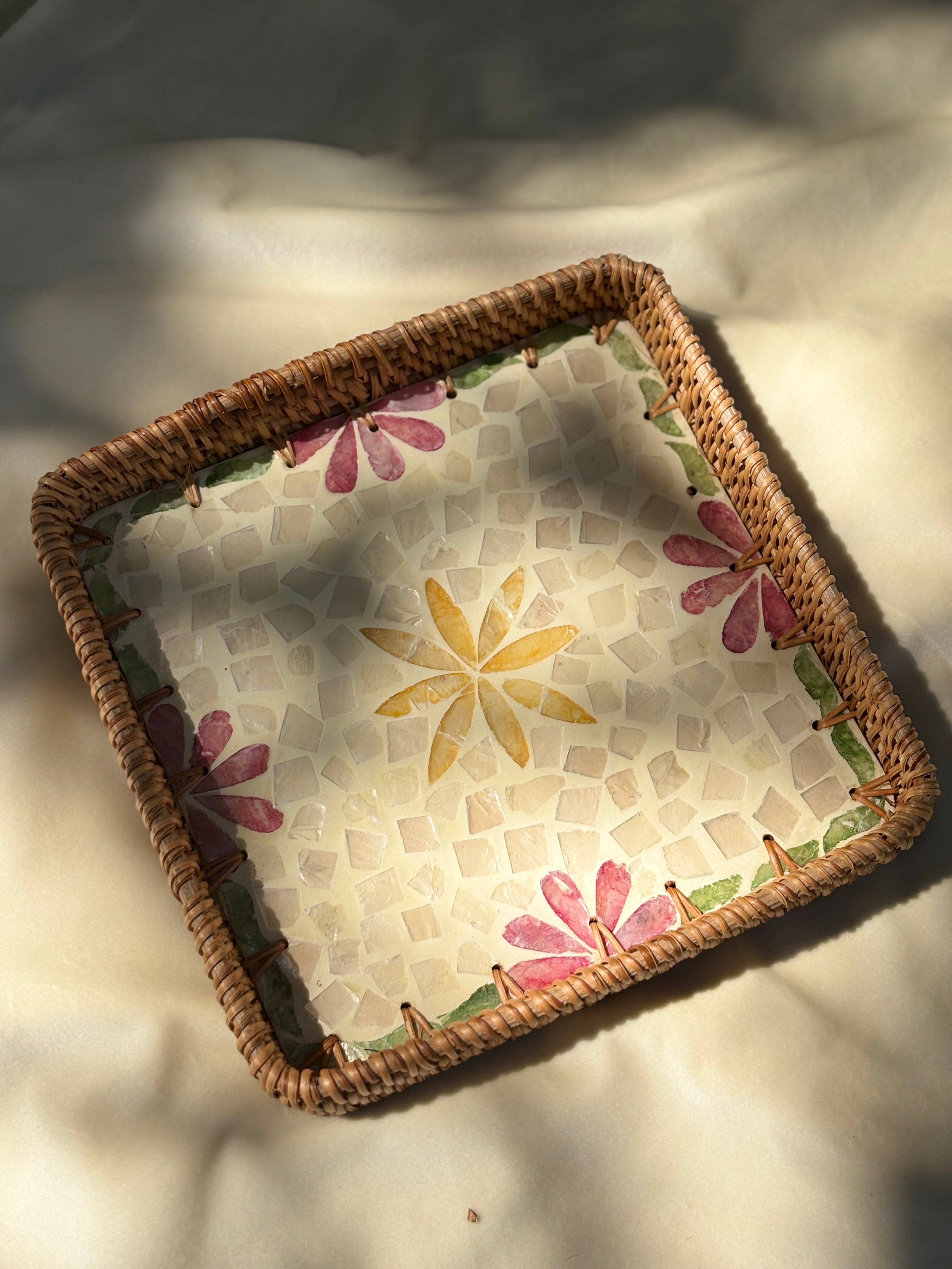 Yellowspings Artisanal Mother of Pearl Inlay Rattan Tray