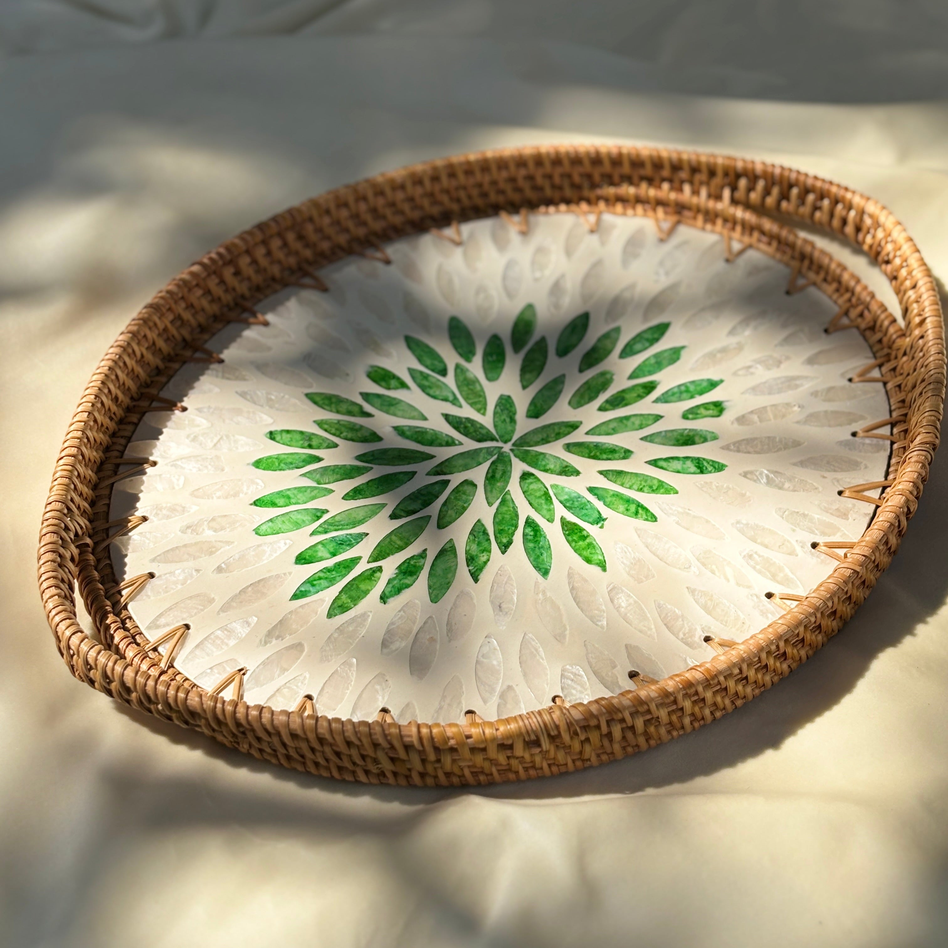 Serenity Artisanal Mother of Pearl Inlay Rattan Tray