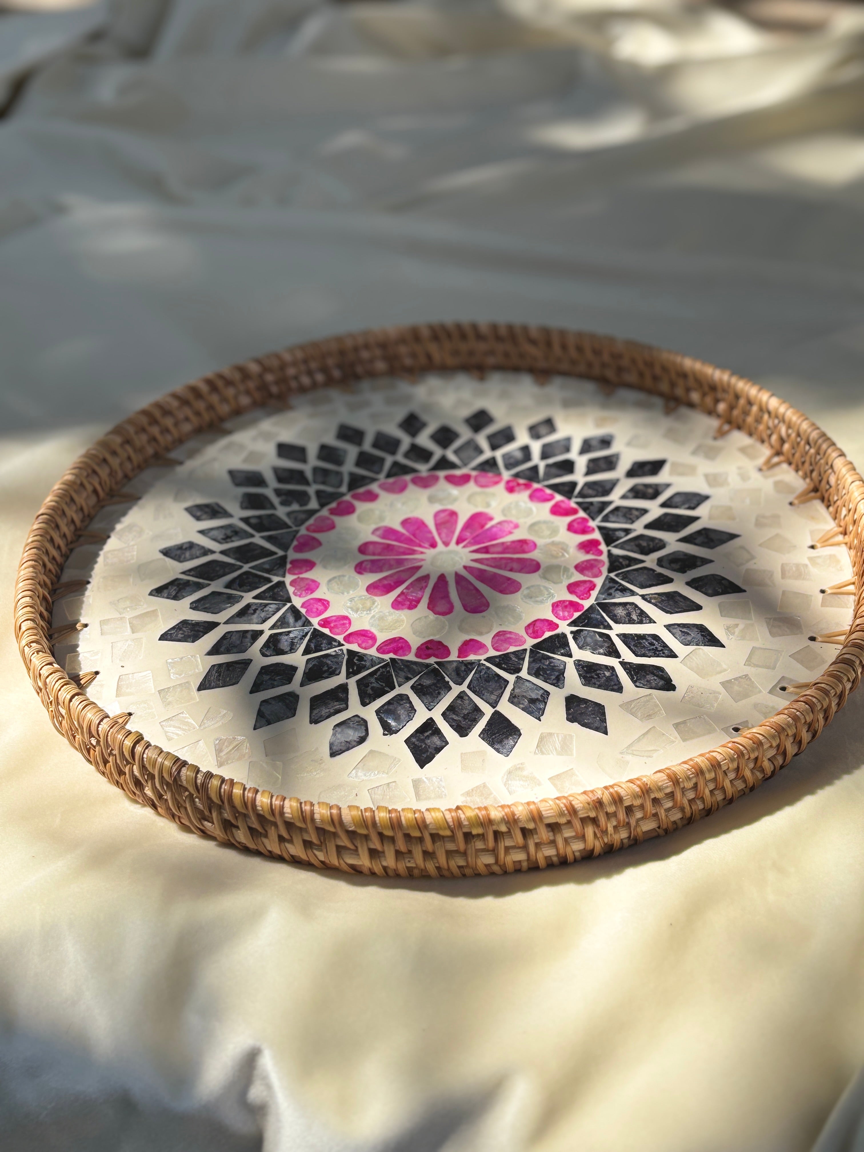 Mackenzie Artisanal Mother of Pearl Inlay Rattan Tray