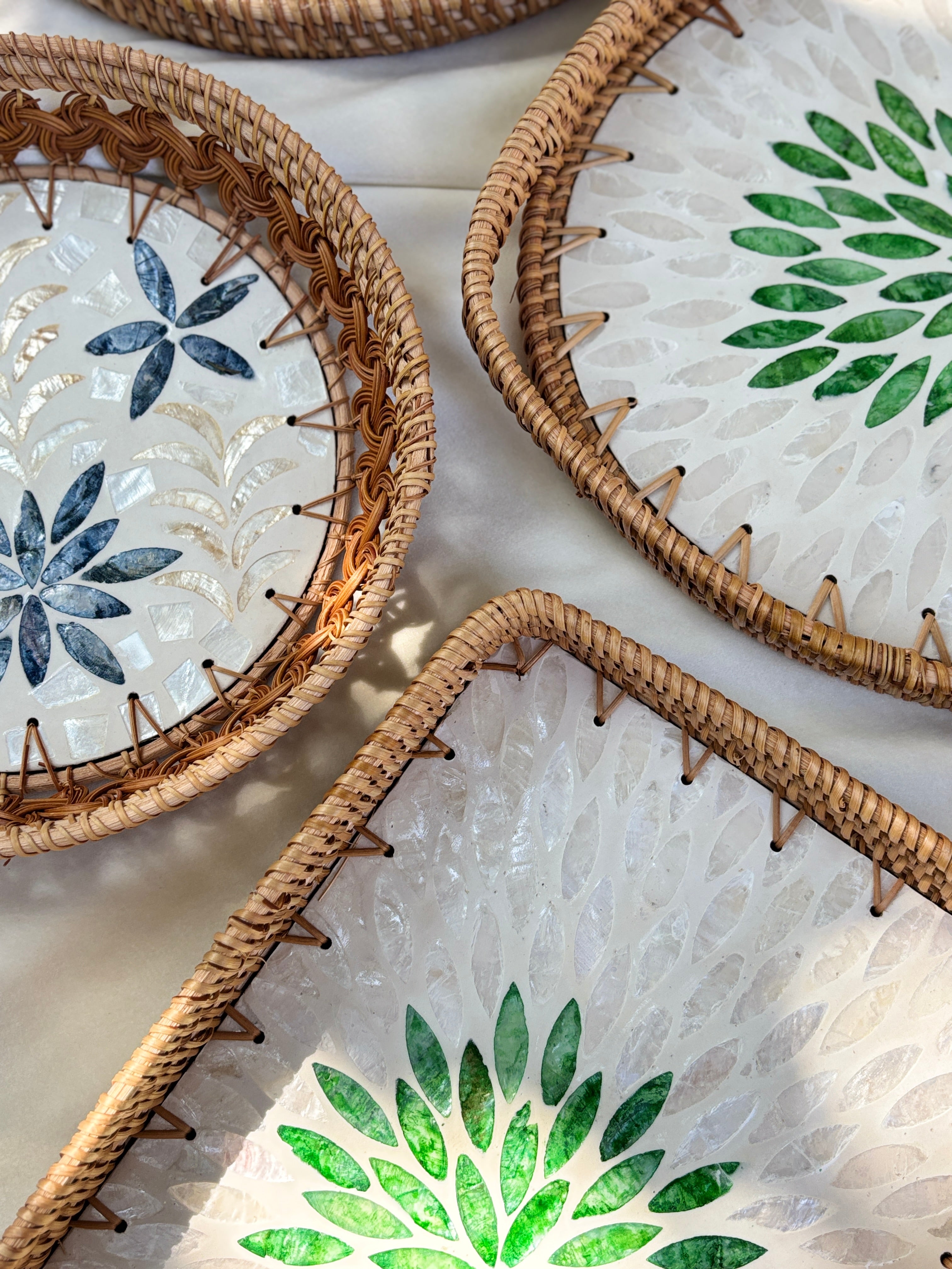 Meher Artisanal Mother of Pearl Inlay Rattan Basket