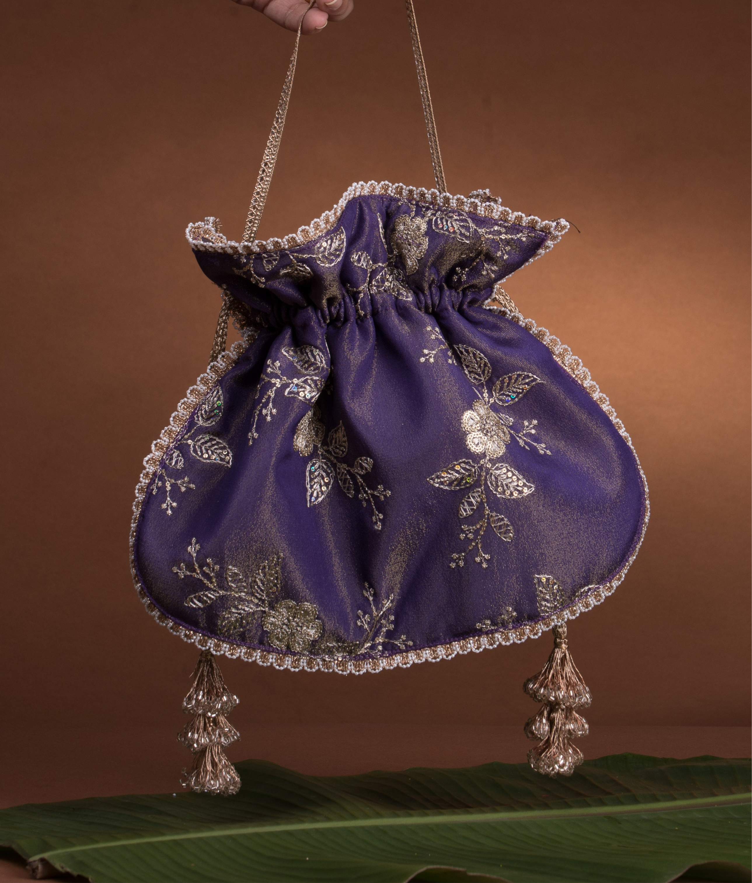 U shape Potli Bag Purple Tissue