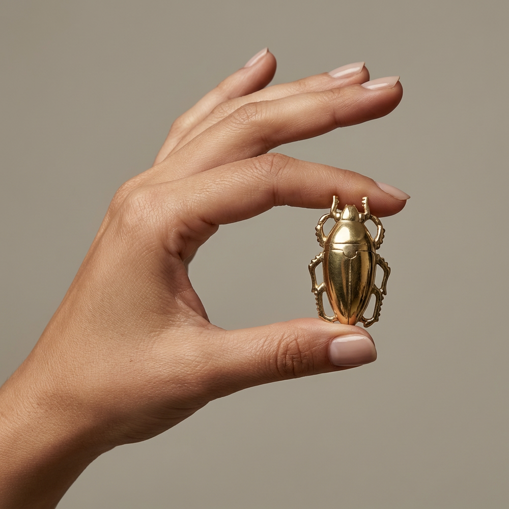 Gilded beetle stud earrings – worn on ear by Ozel