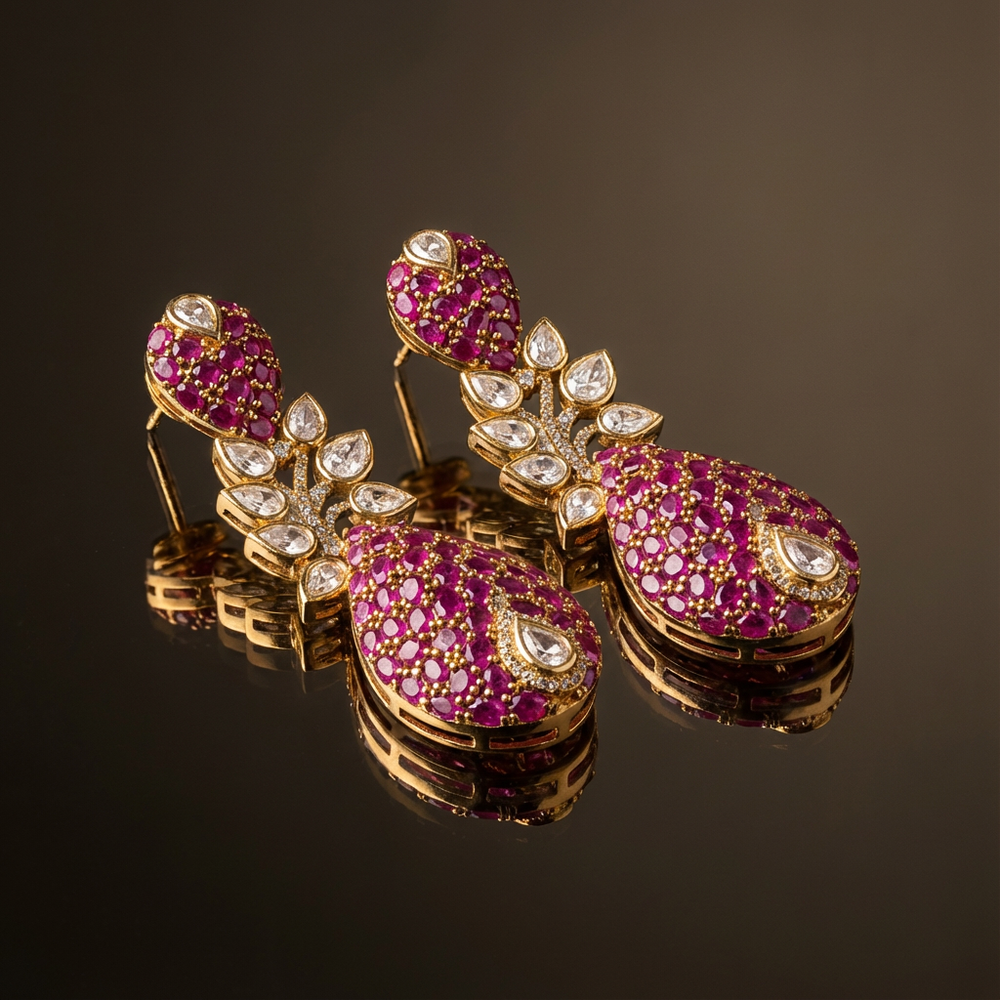 Plum flare moissanite drop earrings – handcrafted Indian bridal earrings by Ozel