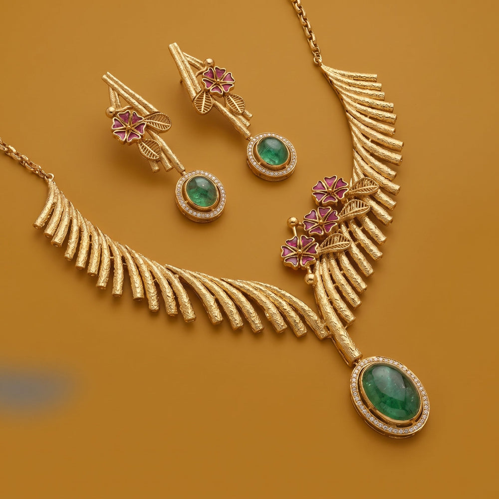 Ashvi Emerald Drop Necklace & Earring Set