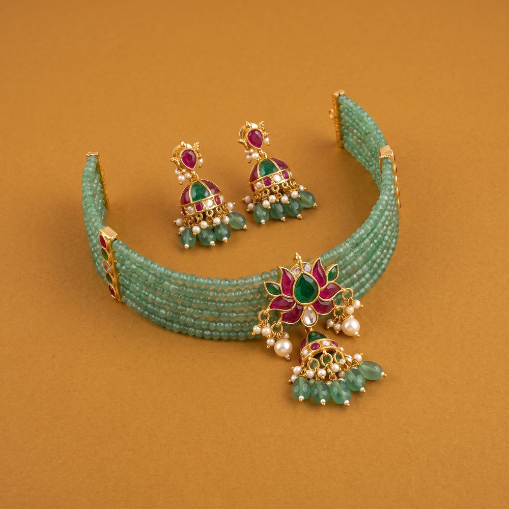 Emerald Lotus Choker Set with Floral Pendant