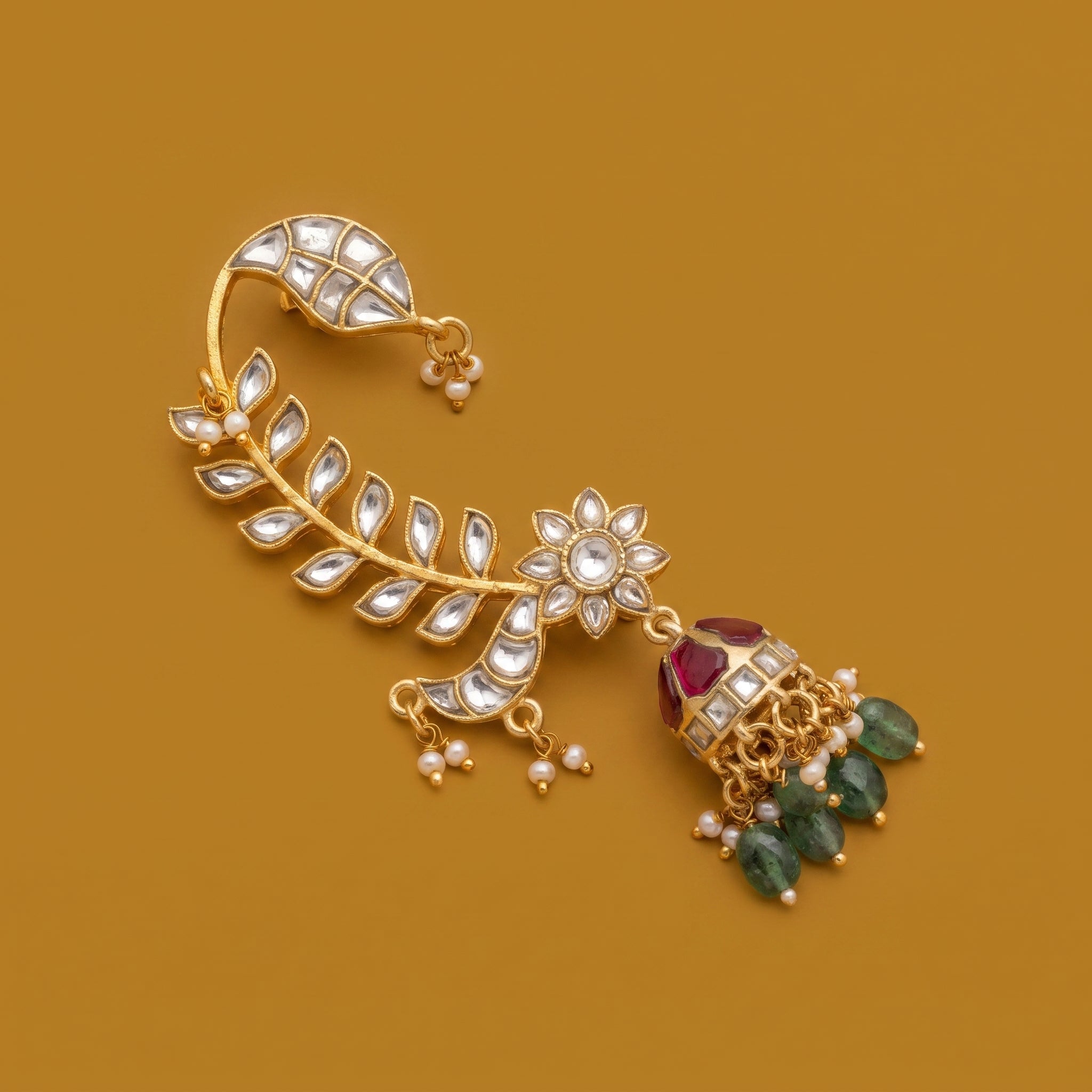 Leaf Motif Ear Cuff with Gemstone Drop