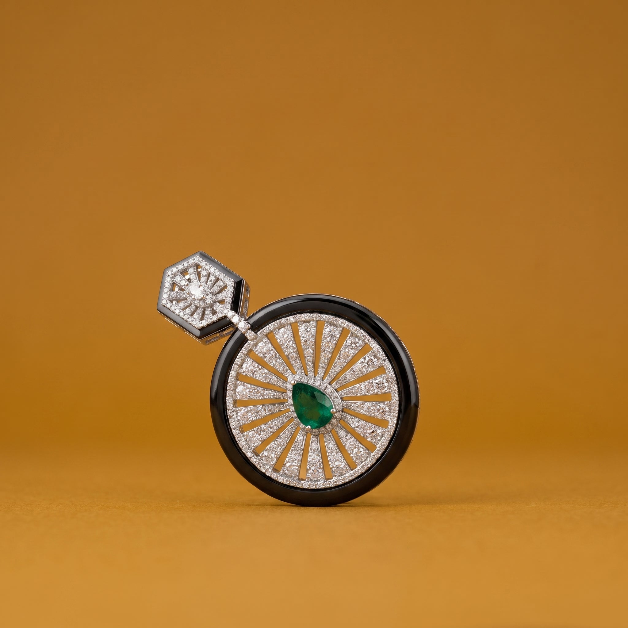 Sunburst Circle Drop Earrings with Green Stone