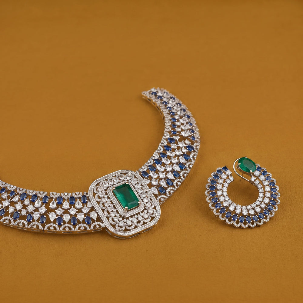 Halo Emerald and Sapphire Choker & Hoops Set