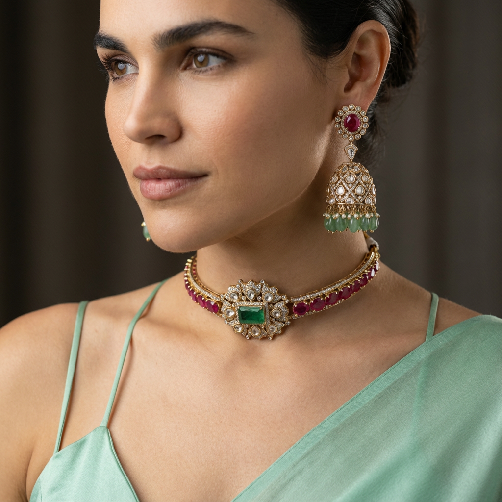 Zarina Emerald Ruby Choker & Jhumka Set