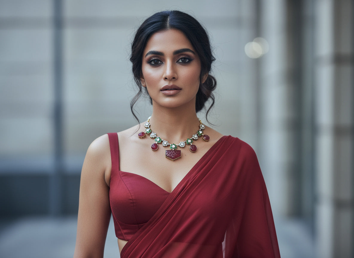 Carved Ruby Lotus Kundan Necklace Set