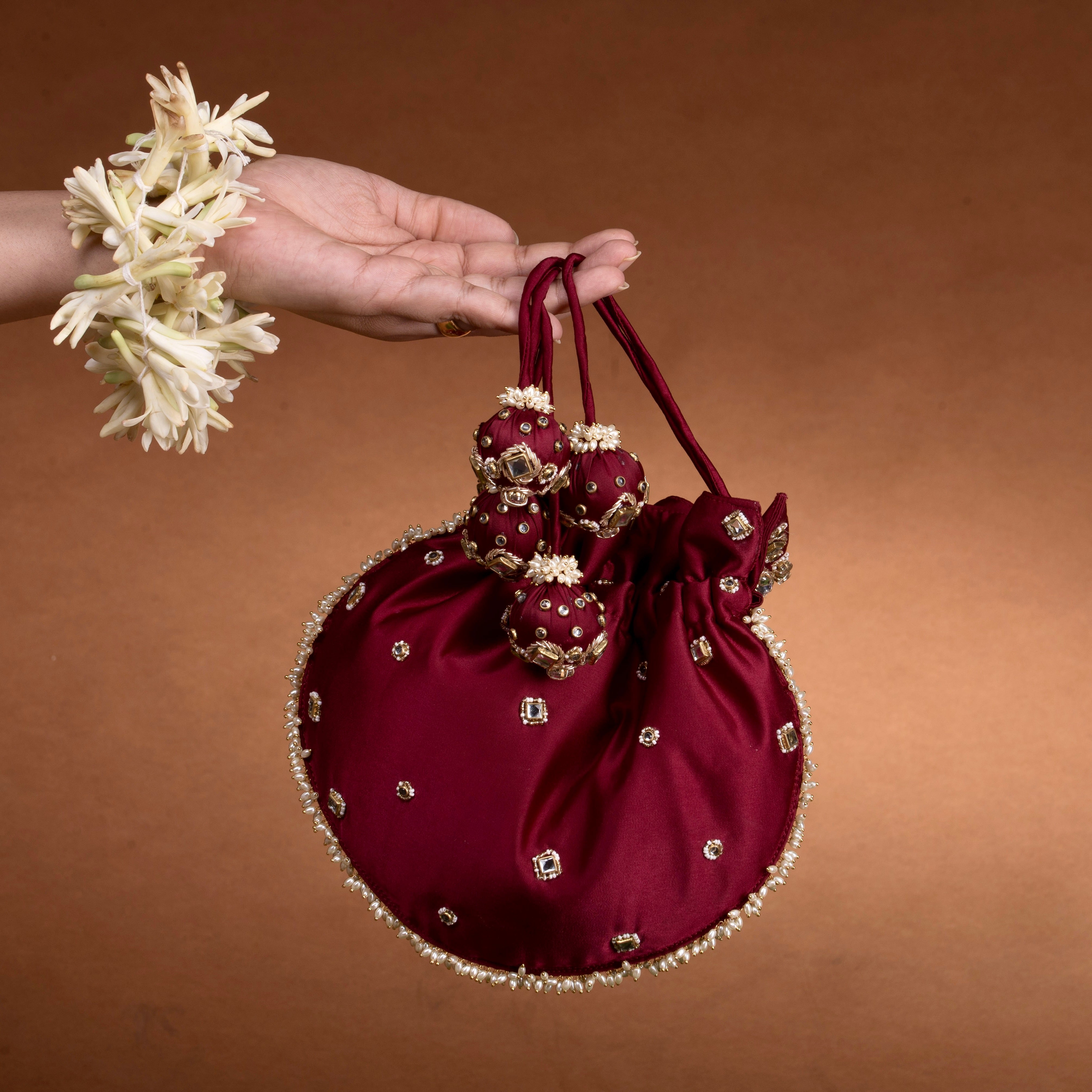 Jadau Embroidered Potli- Maroon Bag