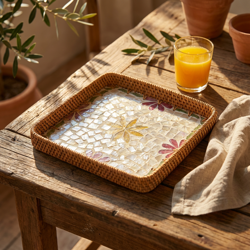 Yellowspings Artisanal Mother of Pearl Inlay Rattan Tray