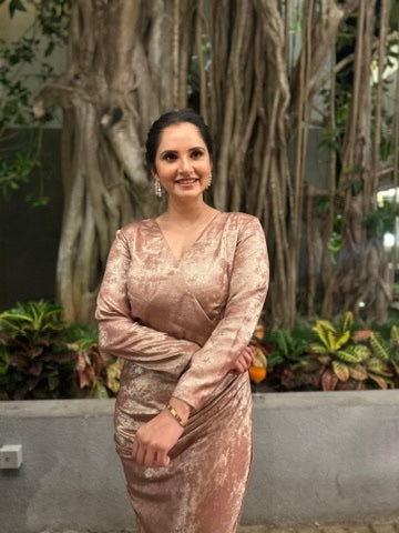 Rose Gold Shimmer Midi Dress – festive metallic midi by Ozel