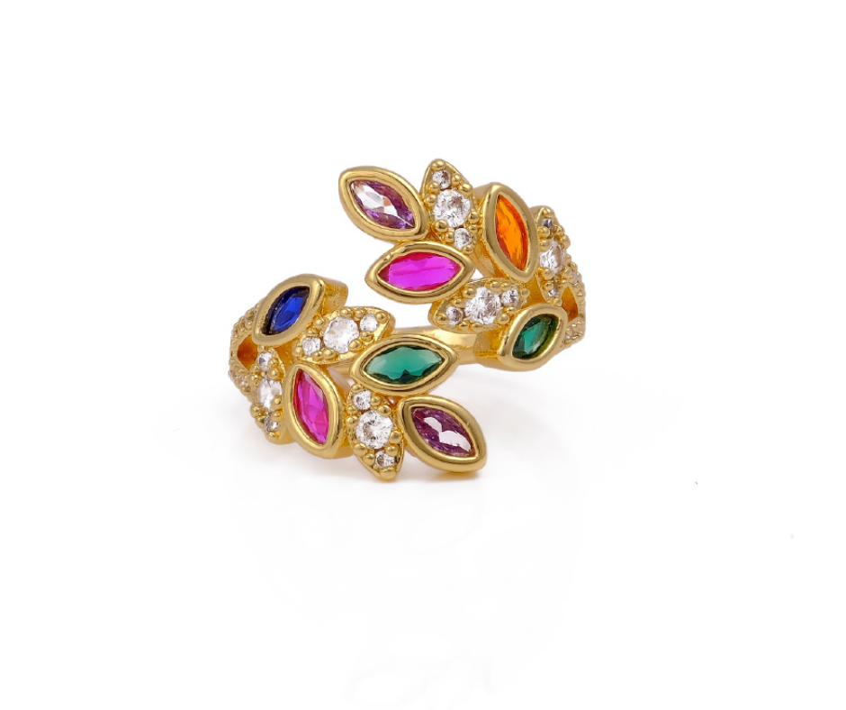 Multicolor Spectrum Ring with vibrant rainbow gemstones in handcrafted gold setting by Ozel