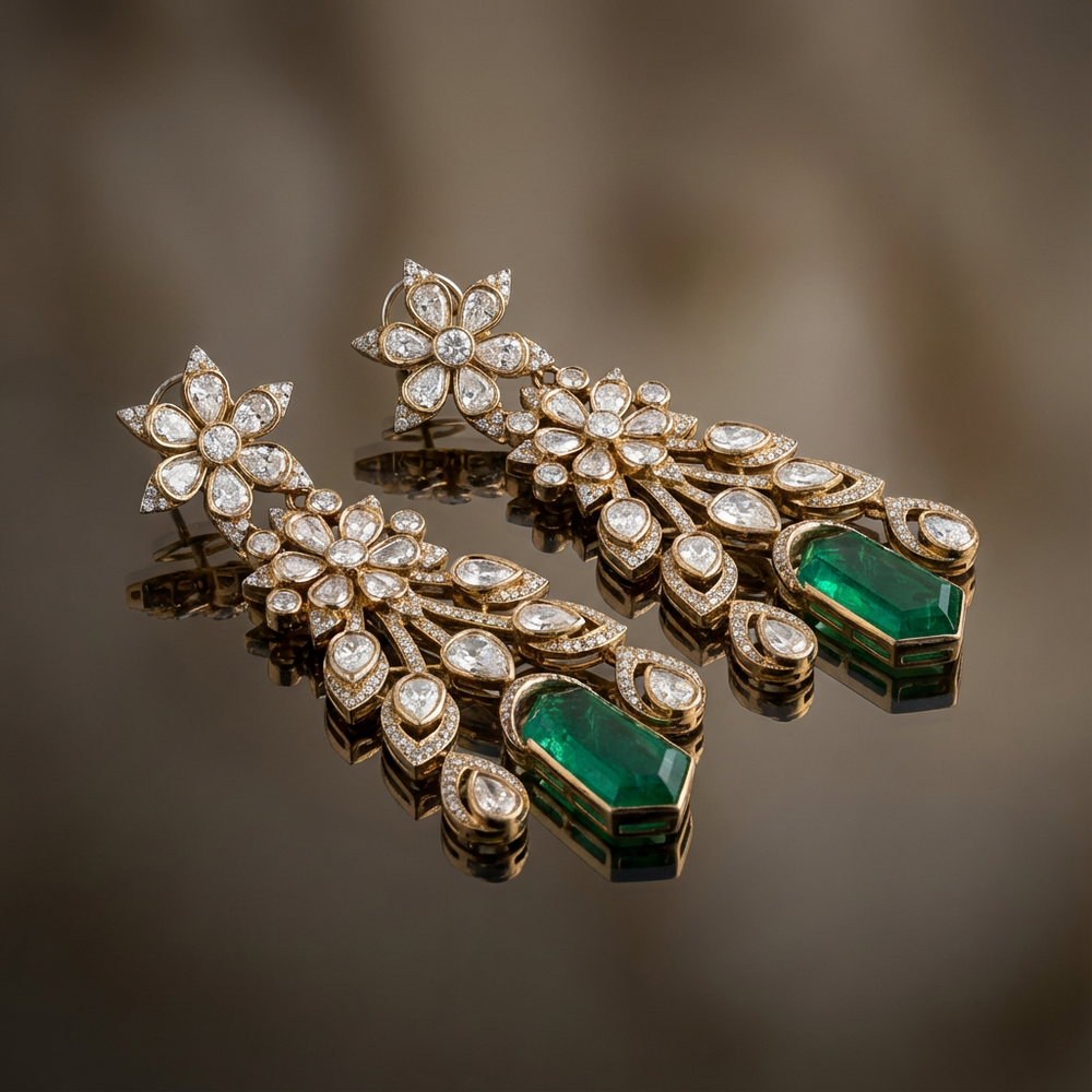 Saga emerald drops earrings – emerald drop detail by Ozel
