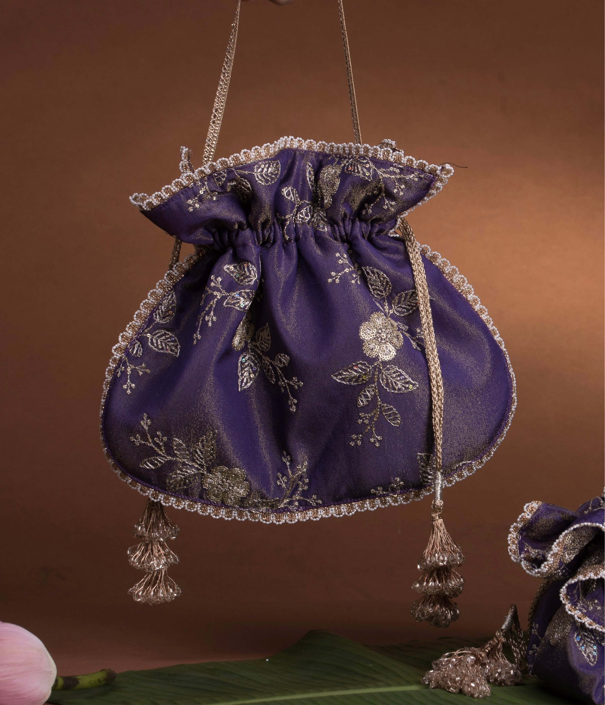 U shape Potli Bag Purple Tissue
