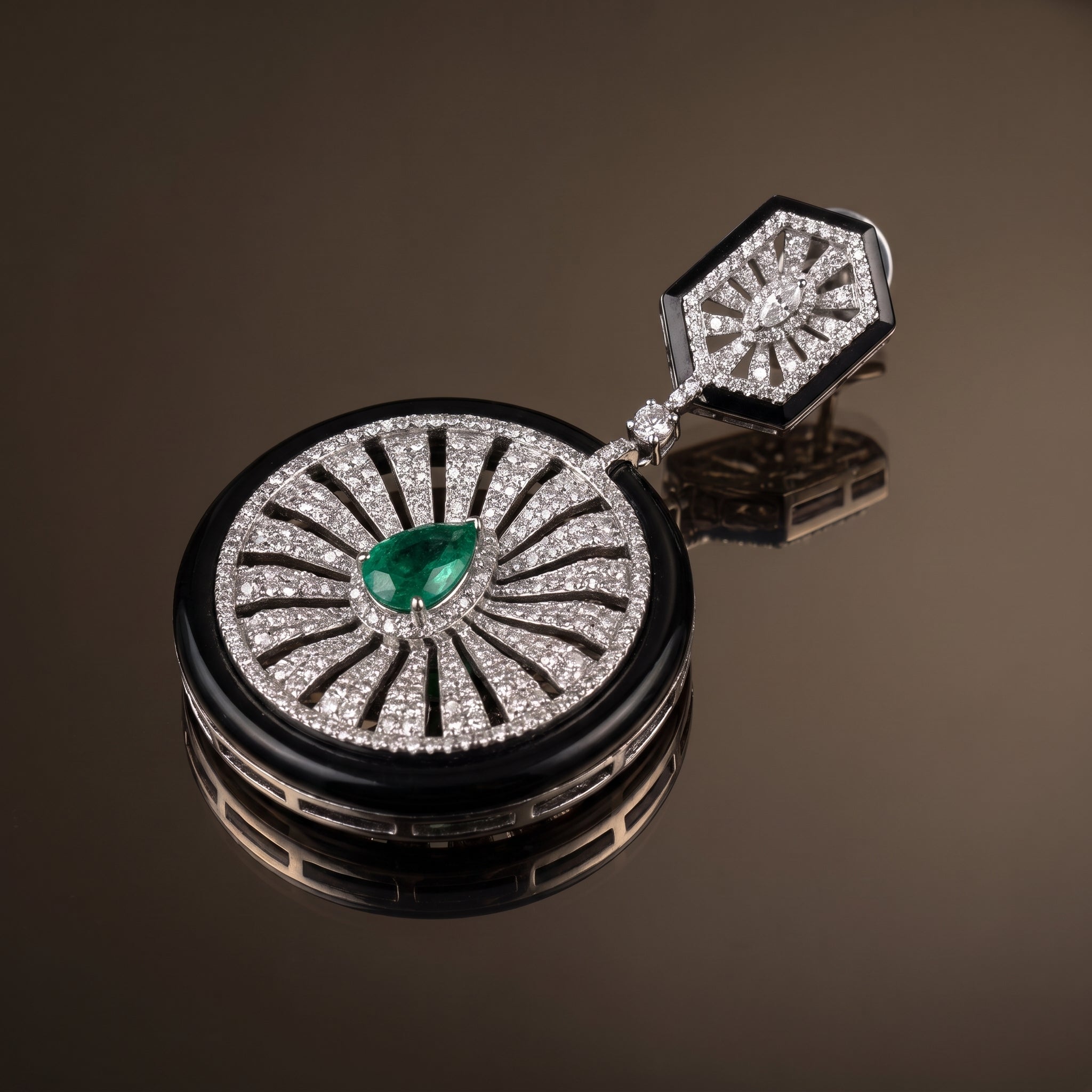 Sunburst Circle Drop Earrings with Green Stone