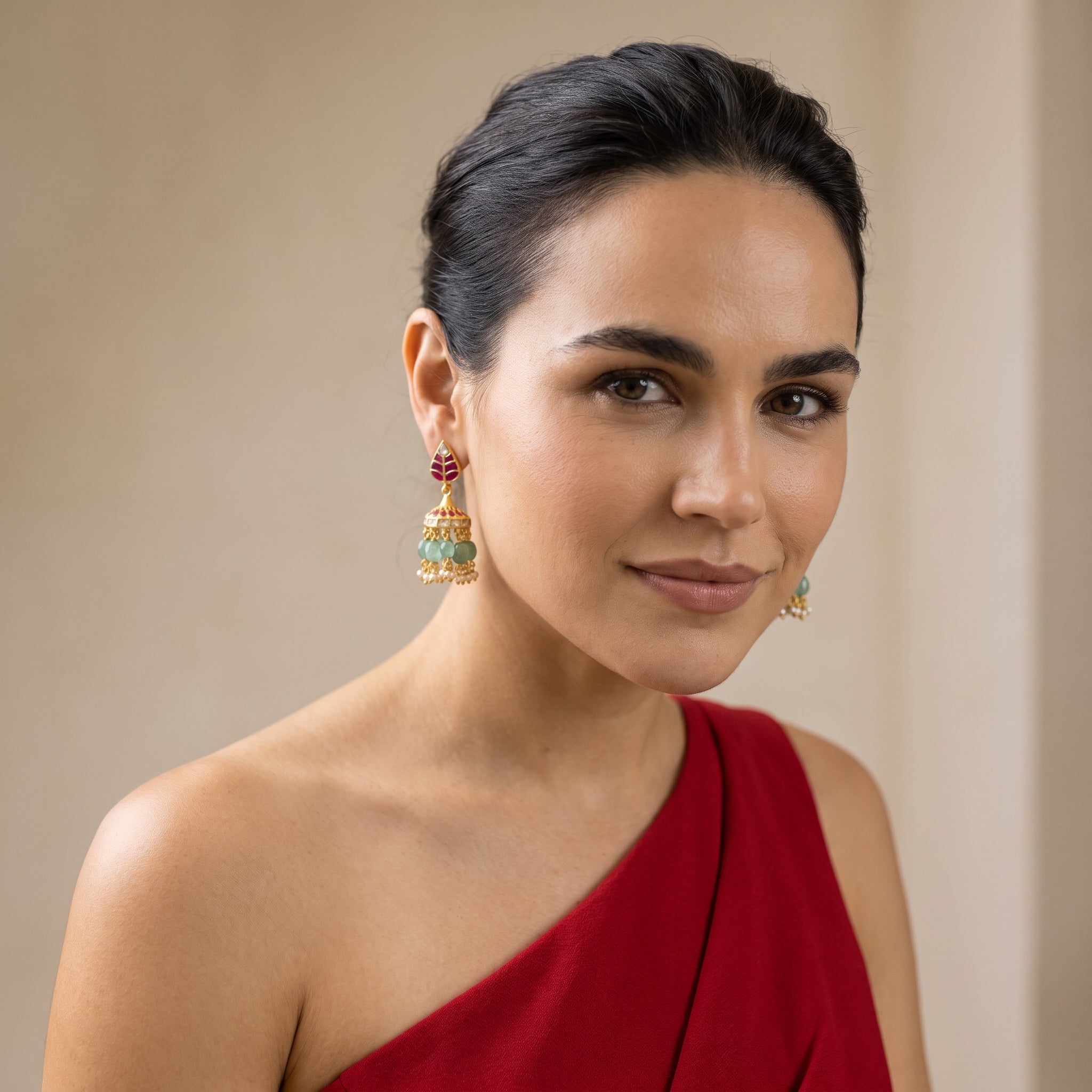 Leaf Jhumka Earrings with Green Stone & Pearl