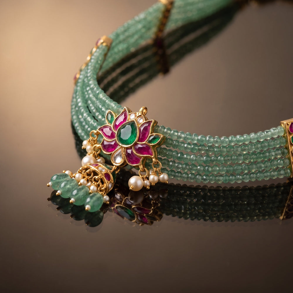 Emerald Lotus Choker Set with Floral Pendant