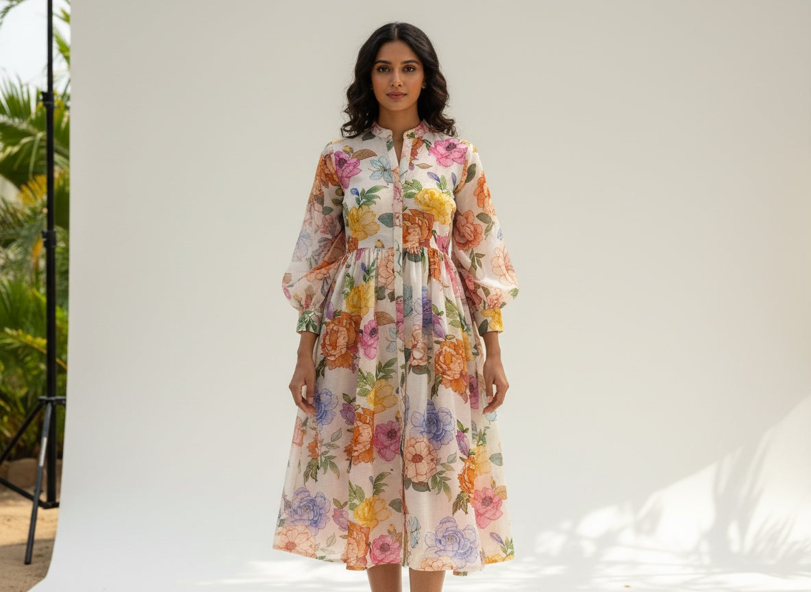 Mandarin Collar Chanderi Dress