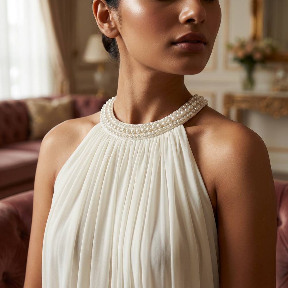 Anastasia ivory dress – detail of fabric drape by Ozel