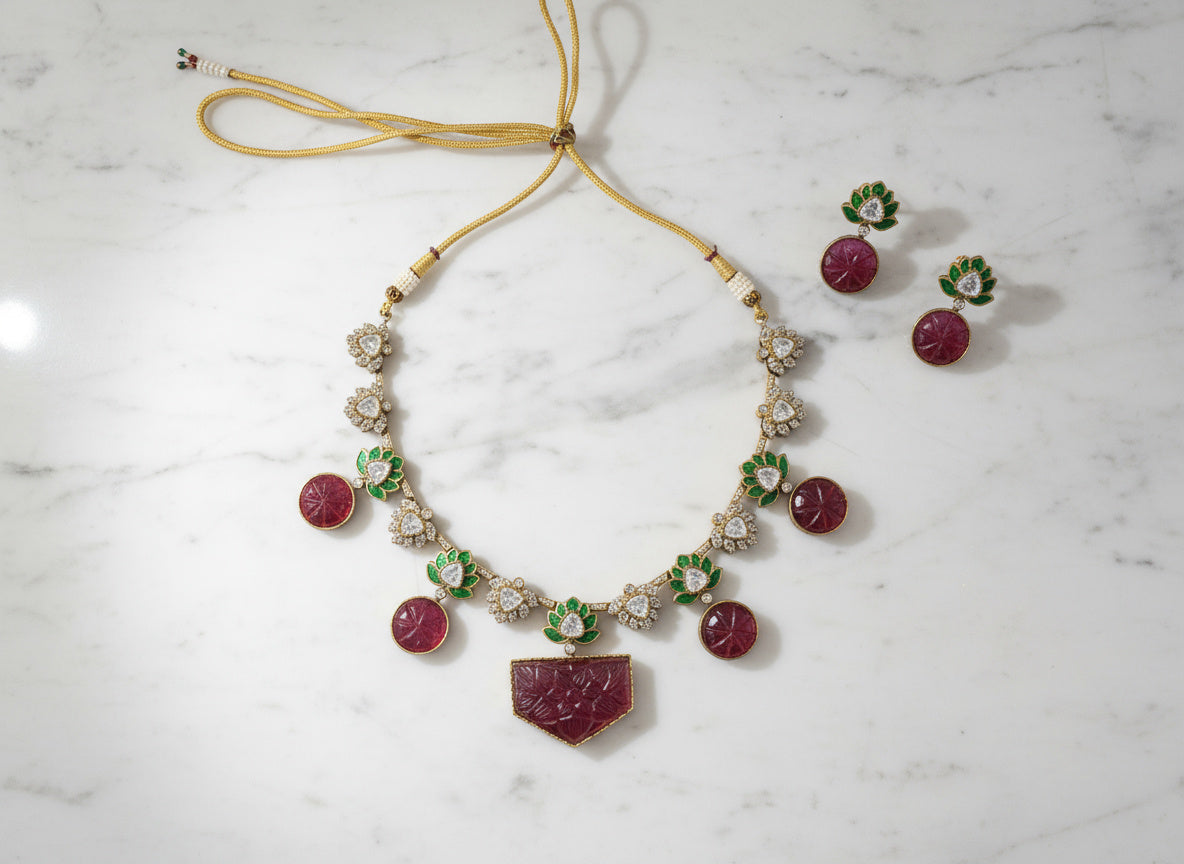 Carved Ruby Lotus Kundan Necklace Set