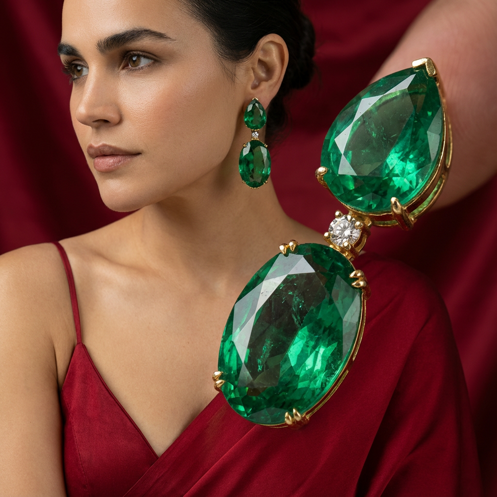 Royale Emerald Drop Earrings with regal emerald drops and fine handcrafted gold setting by Ozel