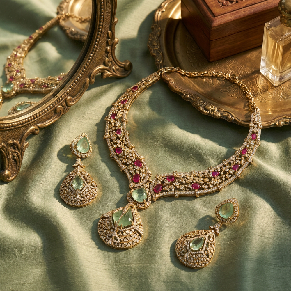 Noor-e-Gulbahar mint green necklace set – worn on neck by Ozel