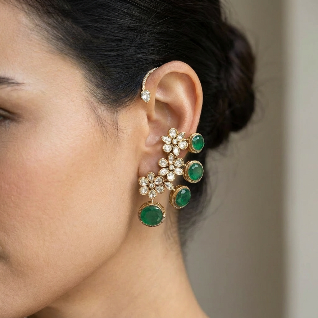 Emerald Floral Ear Cuff Earrings