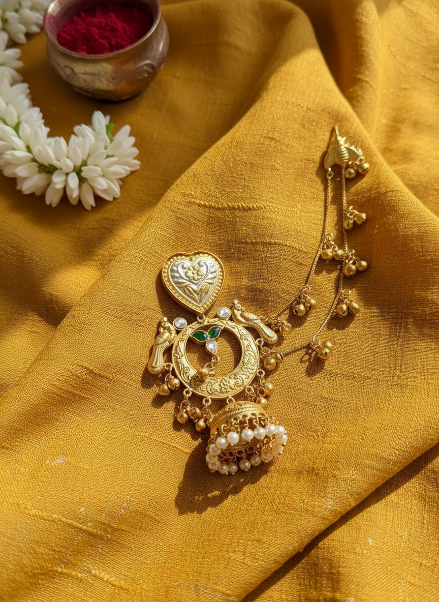 Heritage temple jhumka with hair chain – traditional Indian bridal jewelry by Ozel