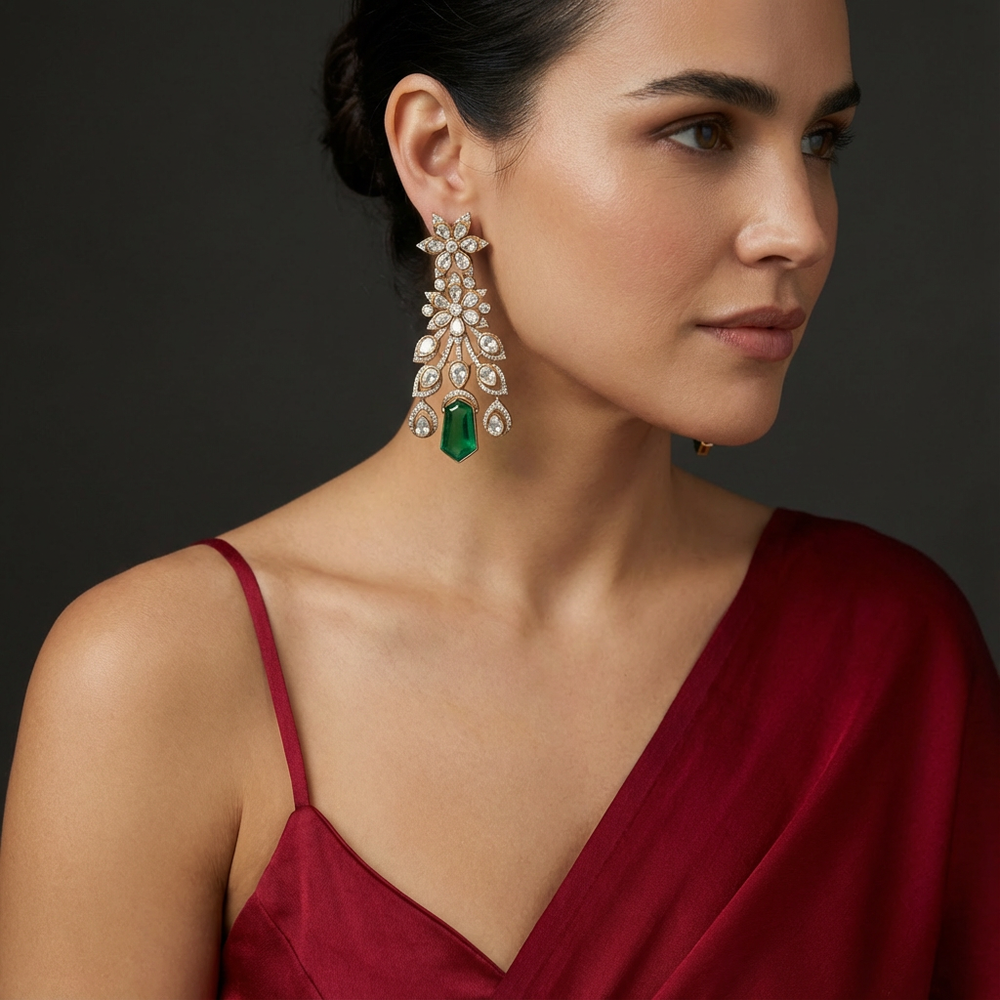 Saga Emerald Drops Earrings with heirloom emerald drops suspended in handcrafted gold by Ozel