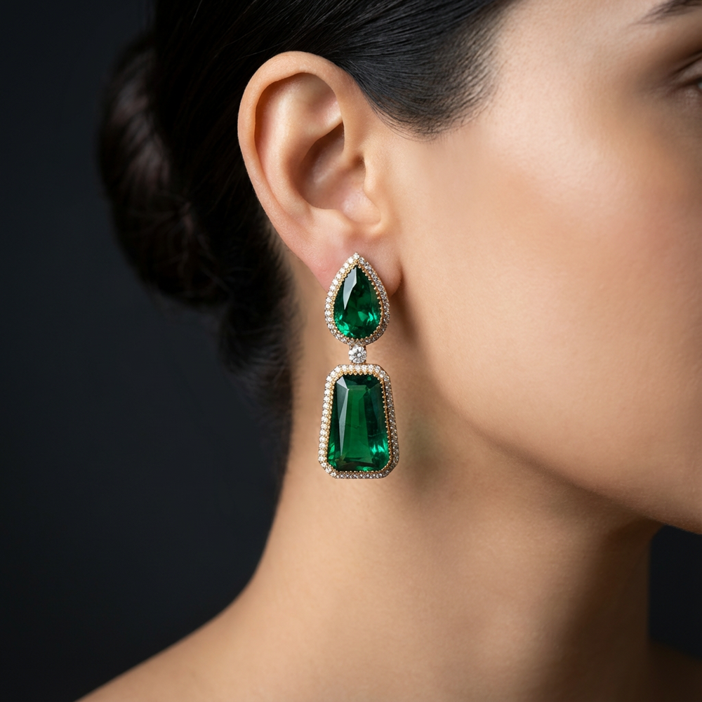 Regalia drop earrings – worn on ear by Ozel