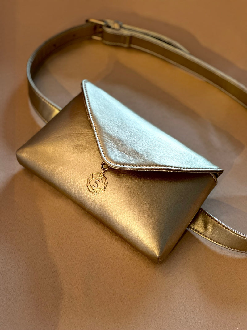 Cactus Leather Gold Envelope bag with 18kt gold and diamonds charm