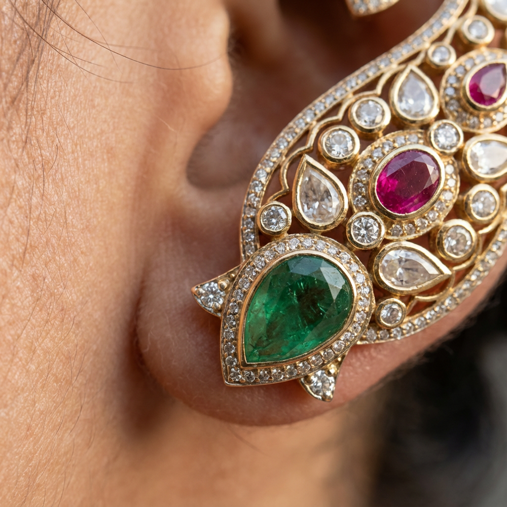 Mayura navratna ear cuff – worn on ear by Ozel