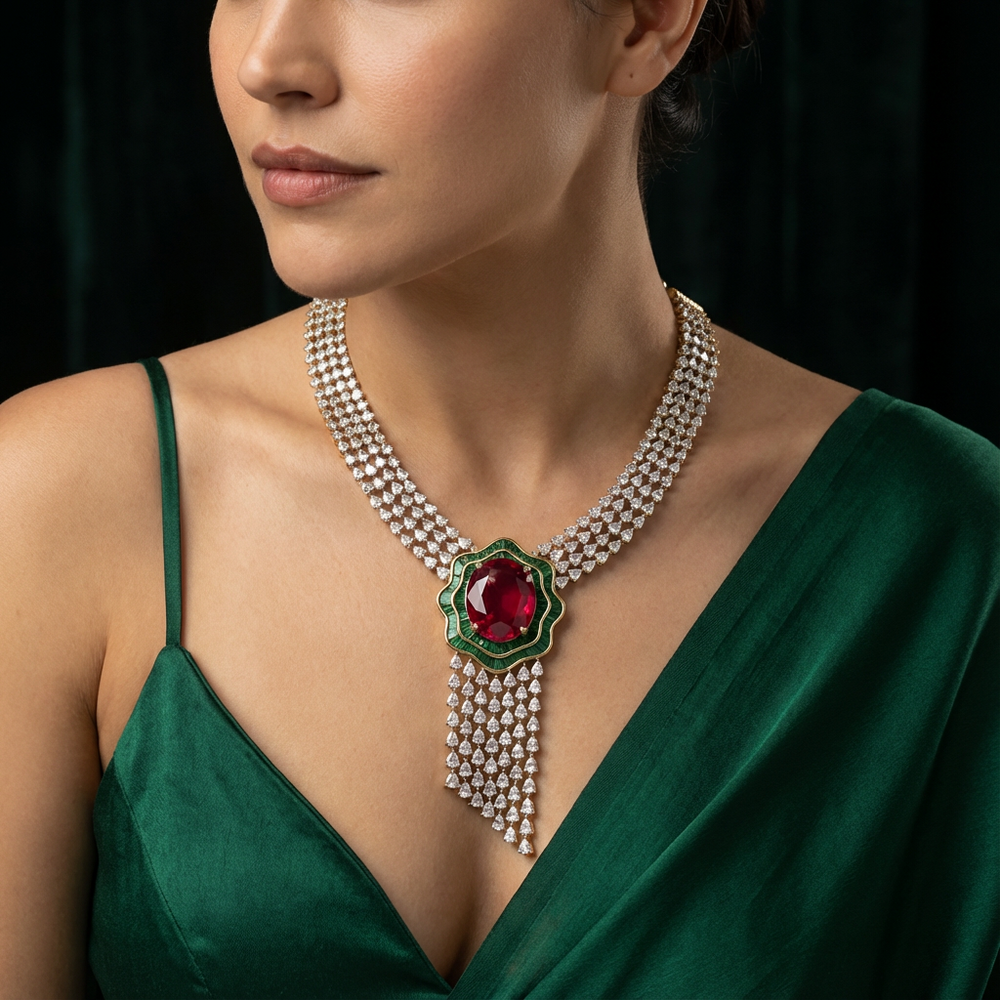 Zamrud ruby cascade necklace set – handcrafted Indian bridal jewelry by Ozel