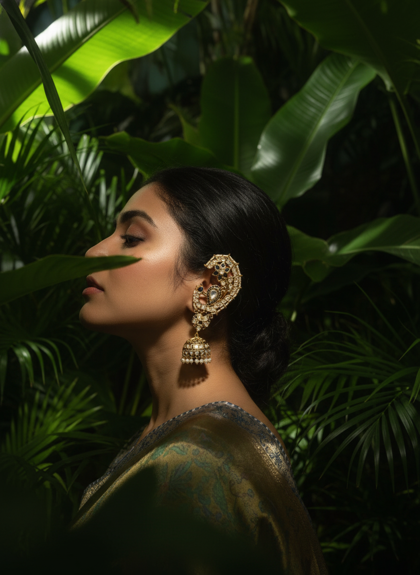 Royal ear cuff kundan jhumka sapphire – traditional Indian bridal jewelry by Ozel