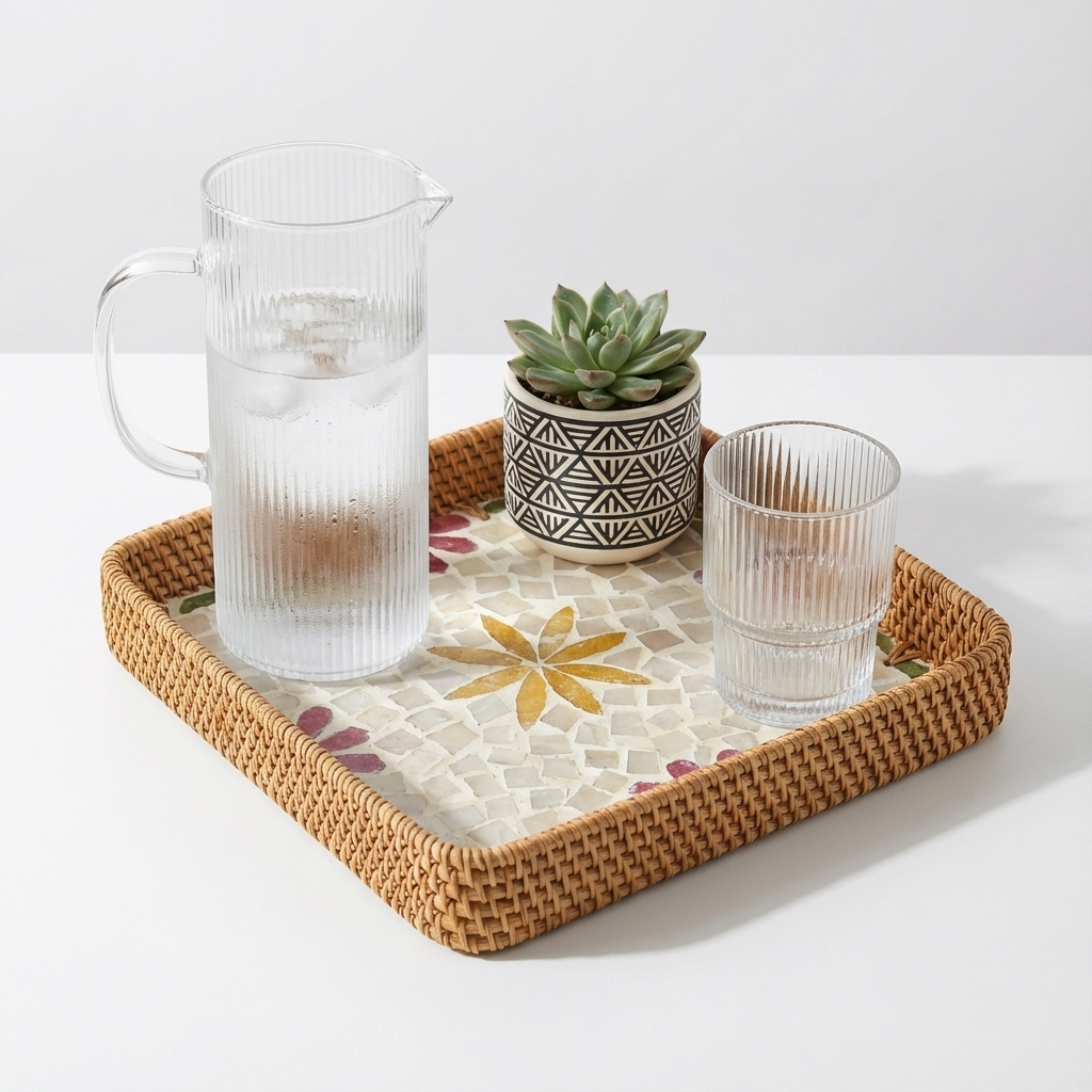 Yellowspings Artisanal Mother of Pearl Inlay Rattan Tray