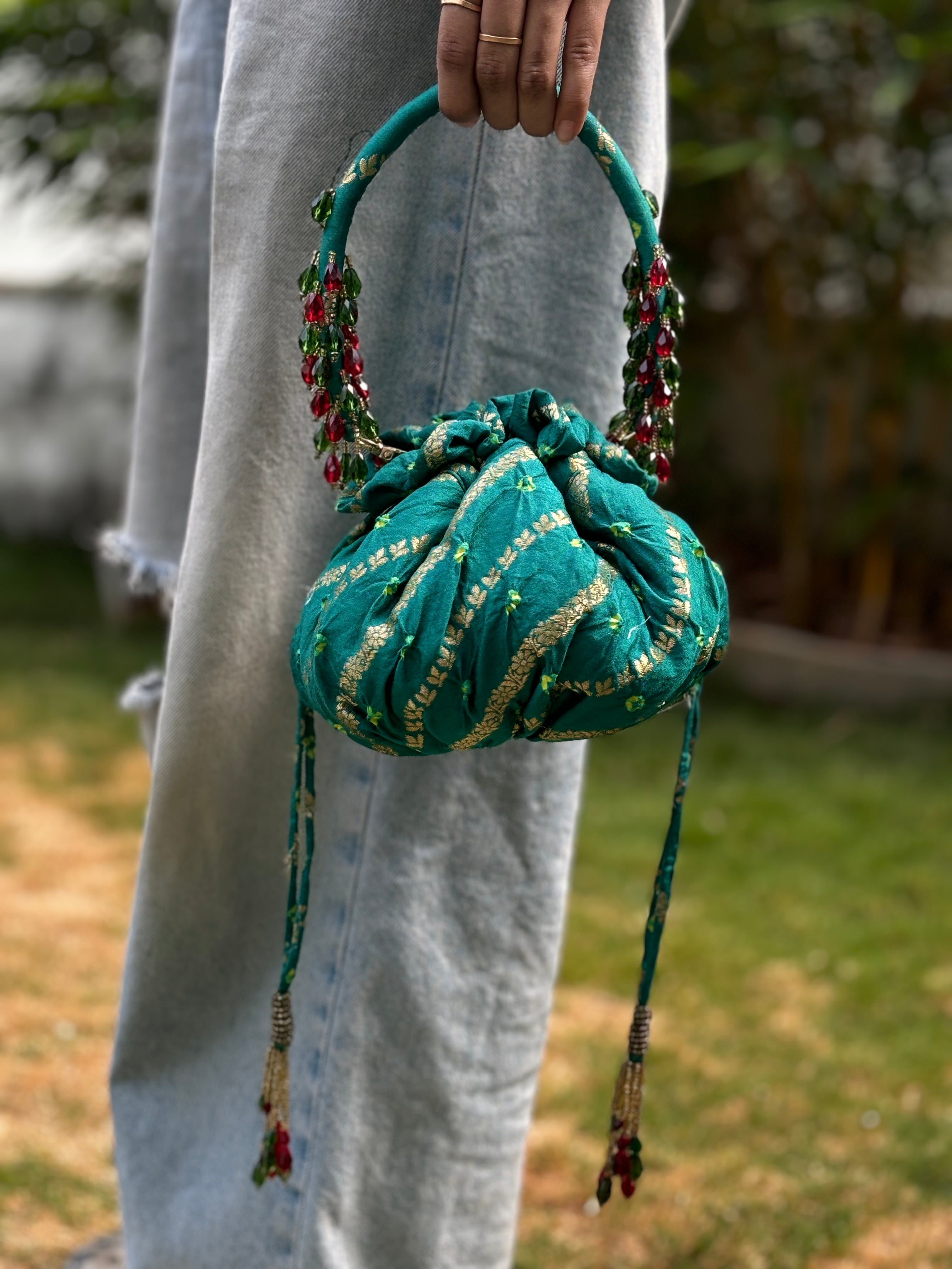 Sample Bottle Green Bandhani Potli with Handle