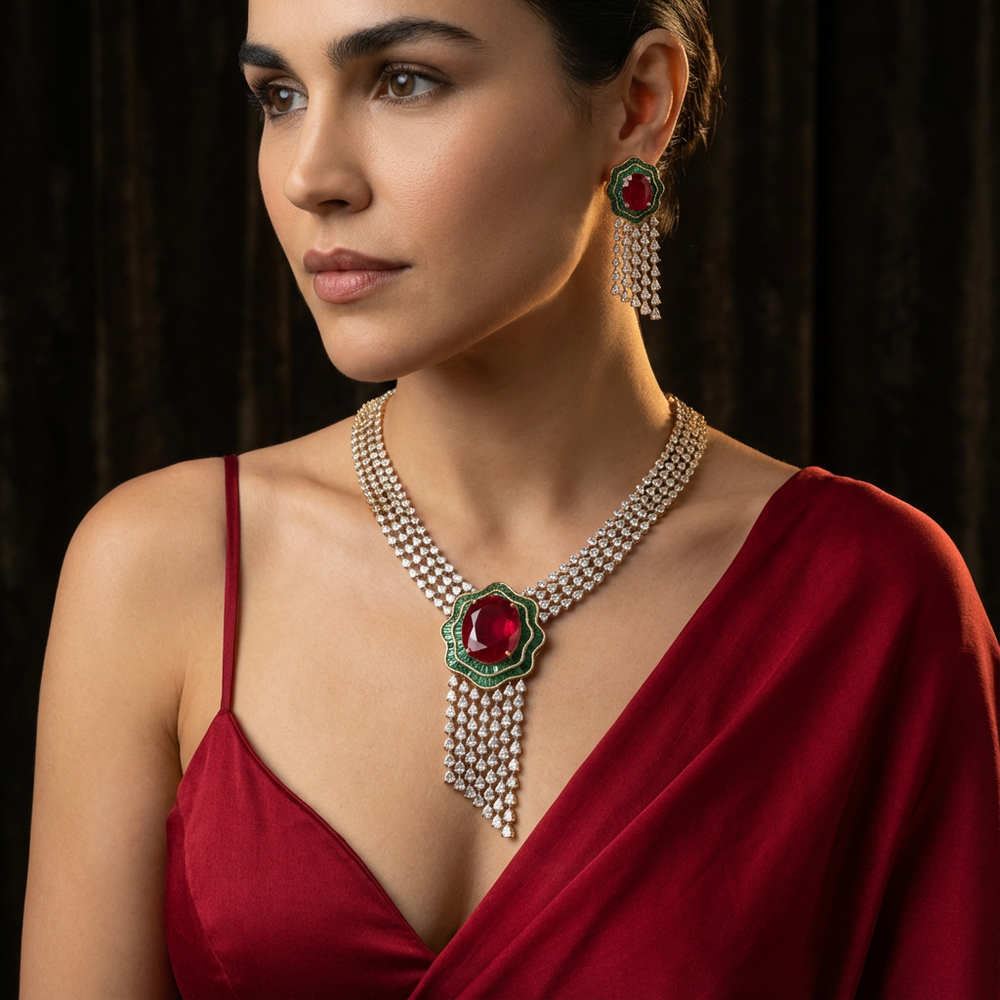 Zamrud ruby cascade necklace set – necklace detail by Ozel