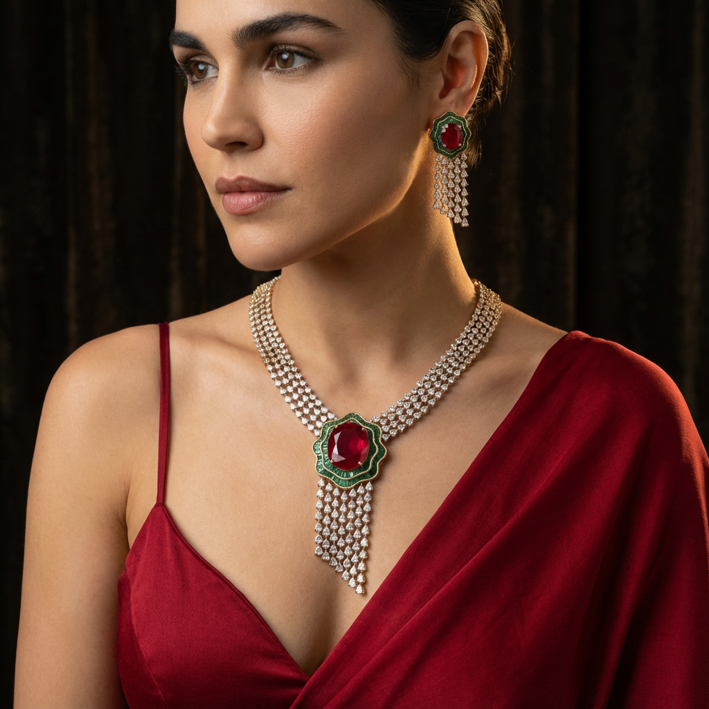 Zamrud Ruby Cascade Necklace Set