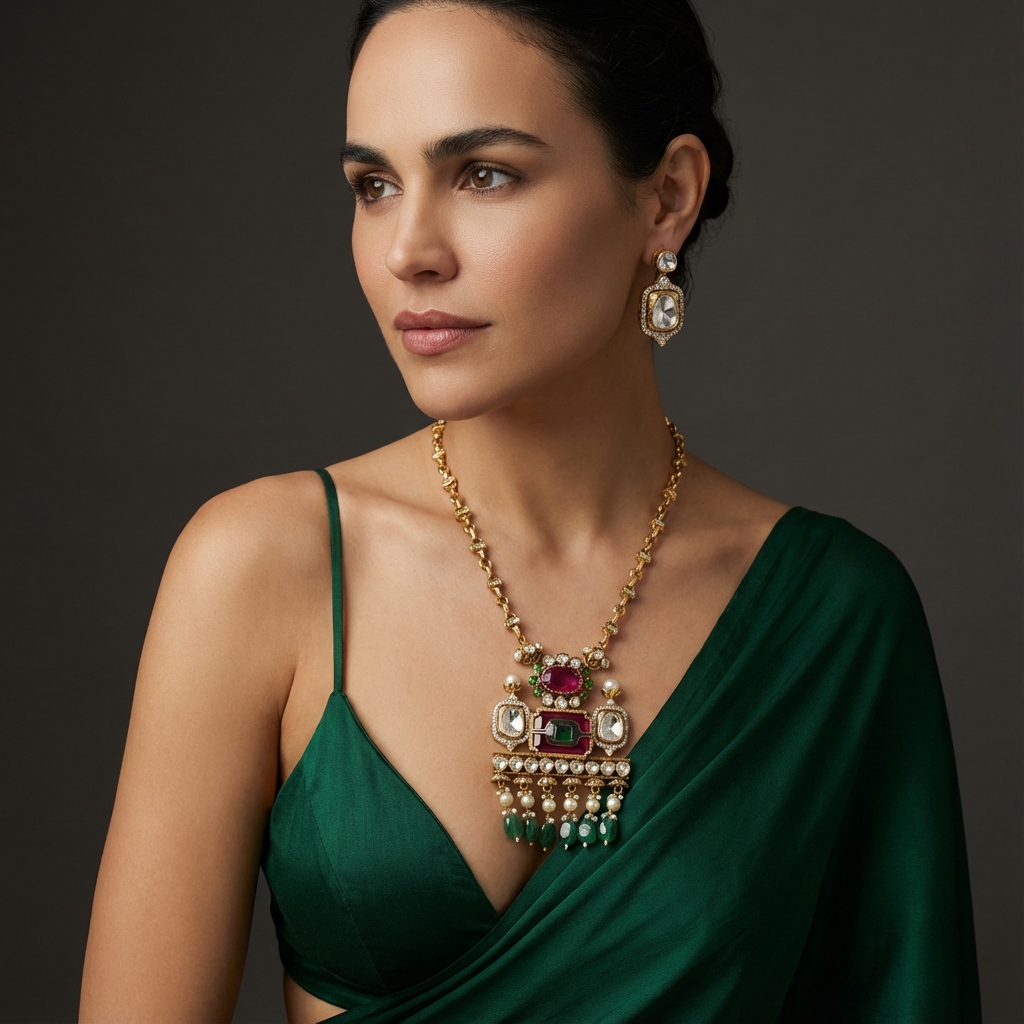 Emerald Ruby Polki Pendant Necklace Set