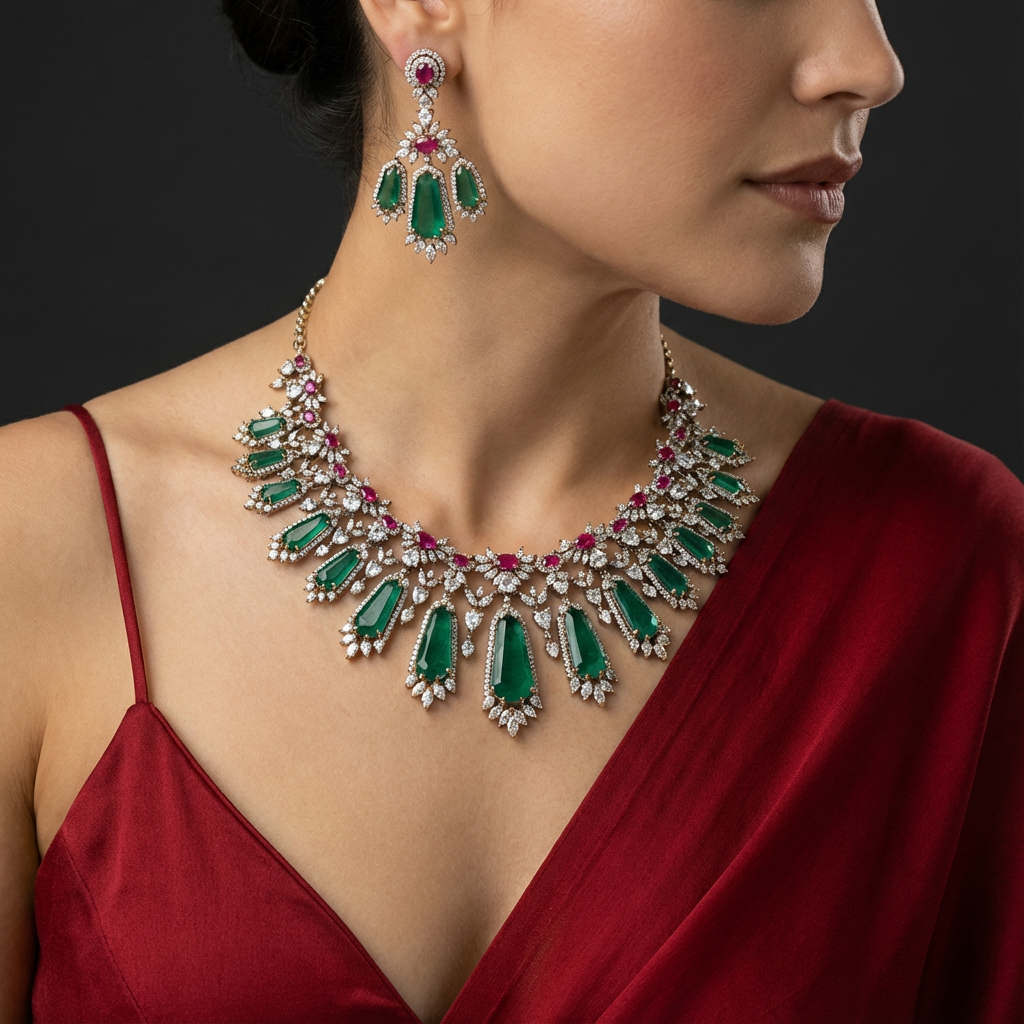 Ziyaara Emerald Cascade Necklace Set