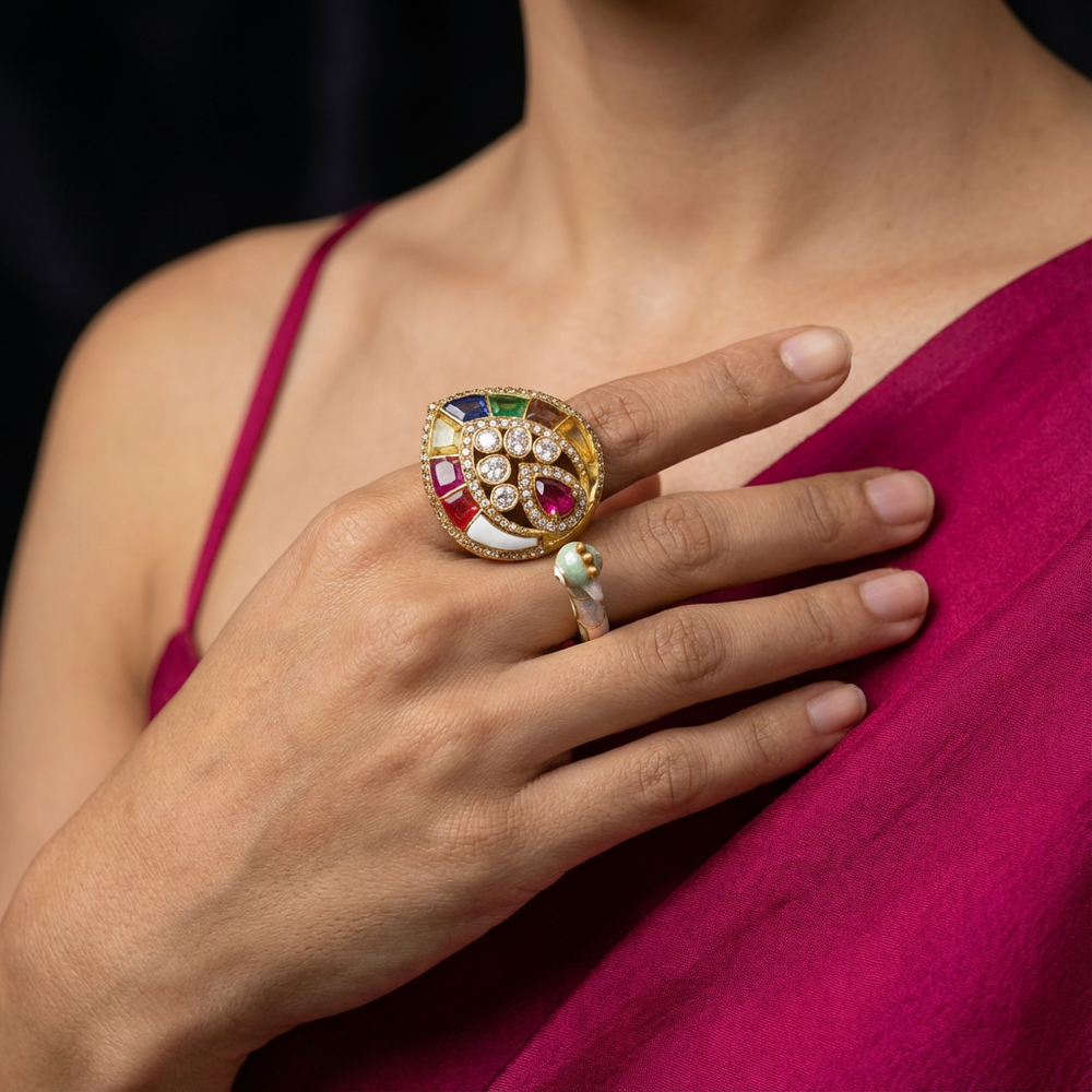 Morni Enamel Ring with peacock-inspired enamel work and intricate gold detailing by Ozel