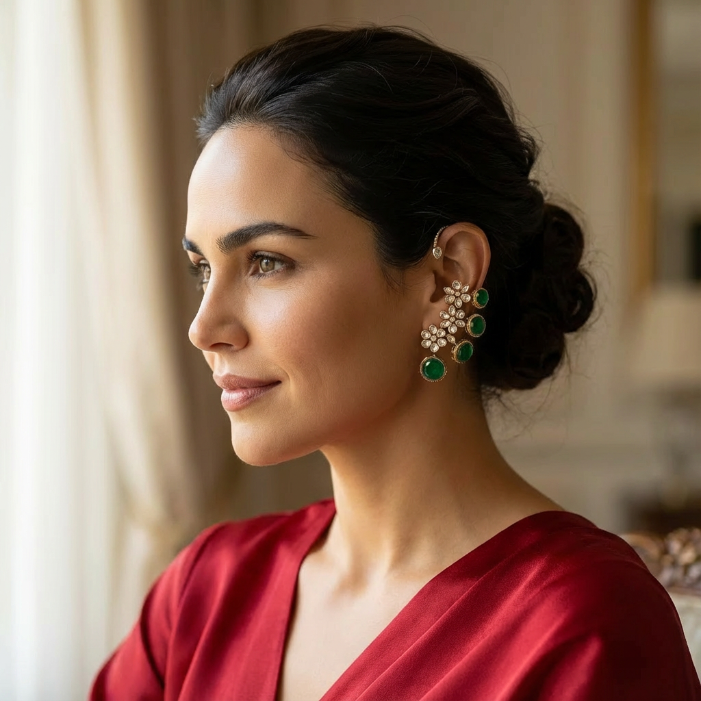 Emerald Floral Ear Cuff Earrings