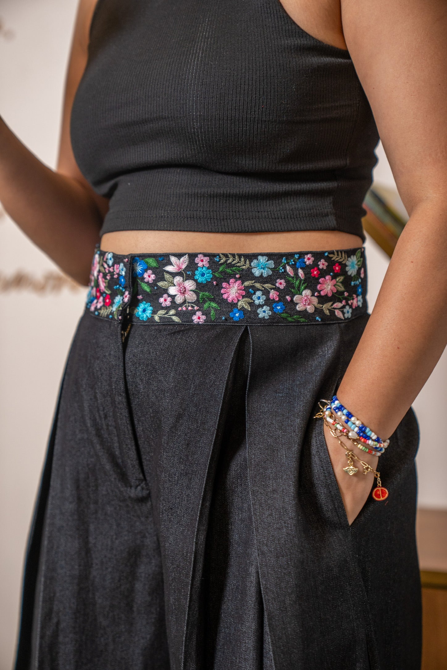 Black denim flare pants with embroidery