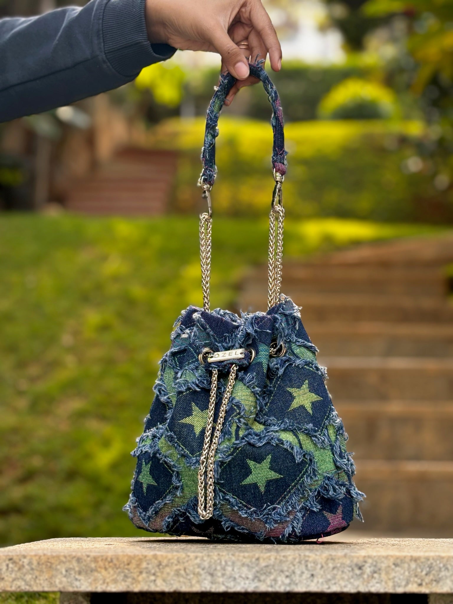 Star denim bucket bag